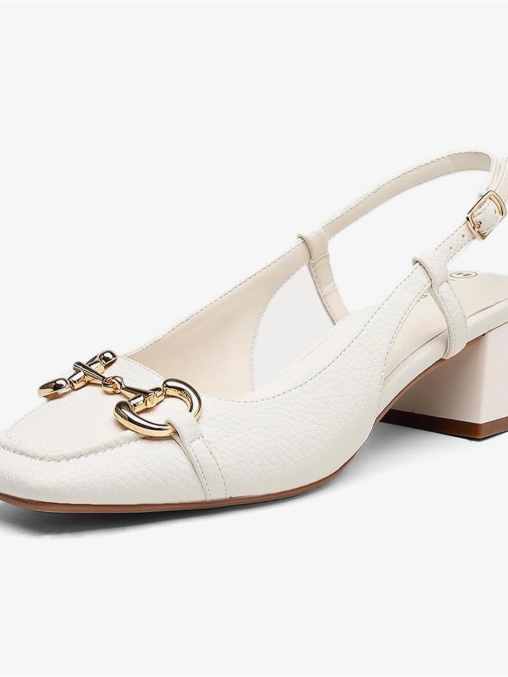 NEWBELLA Elegant White Slingback Block Heel with Gold Buckle Detail